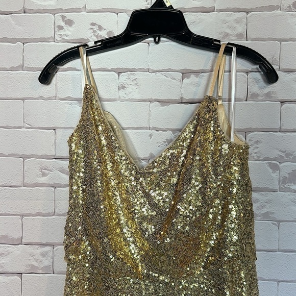 Gold Sequin Revelry Bridesmaid Evening Gown Dress Spaghetti Strap Size 10 lined - Picture 3 of 7